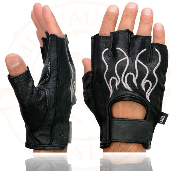 Milwaukee Leather SH198 Men's Black-Grey Gel Palm Fingerless Motorcycle Gloves with Grey Flame Embroidery