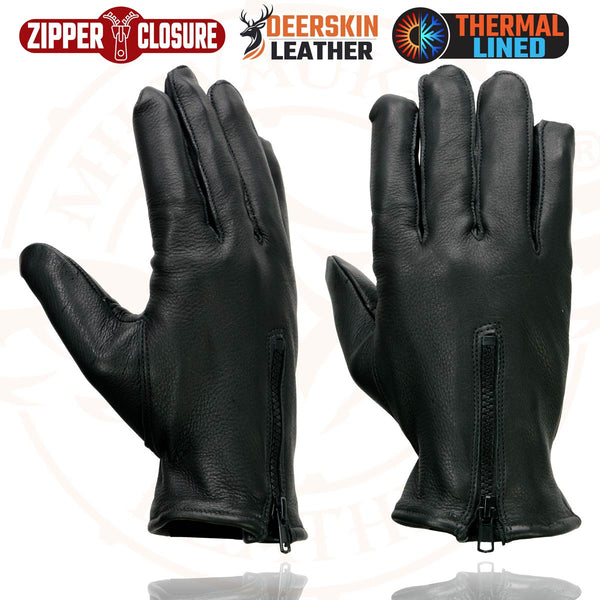 Milwaukee Leather SH866 Men's Thermal Lined USA Deerskin Leather Black Motorcycle Gloves w/ Zipper Closure