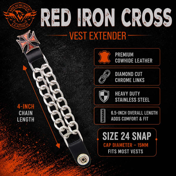 Milwaukee Leather 1-PC Vest Extender Red Iron Cross, Double Chrome Chains - 4-Inch - MLA1029-SINGLE