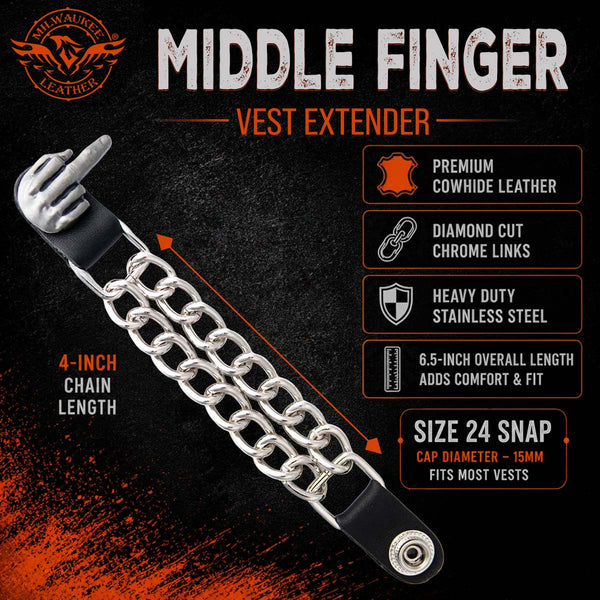 Milwaukee Leather 1-PC Vest Extender Middle Finger, Double Chrome Chains - 4-Inch - MLA1033-SINGLE