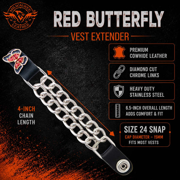 Milwaukee Leather 1-PC Vest Extender Red Butterfly, Double Chrome Chains - 4-Inch - MLA1038-SINGLE