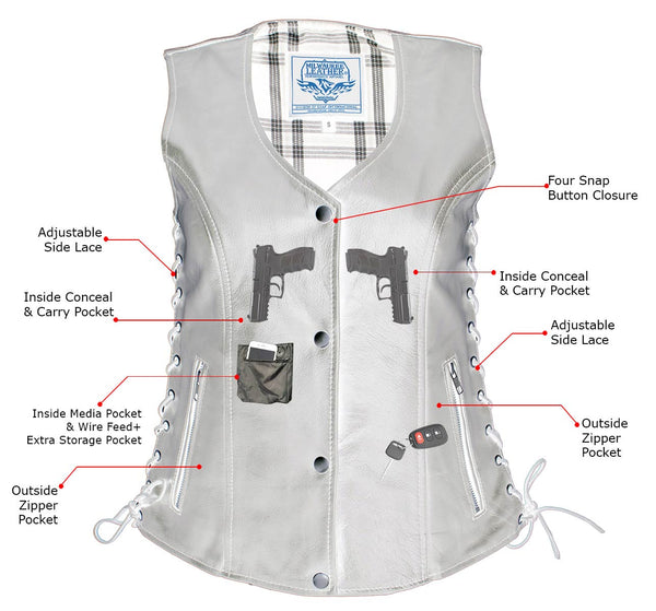 Milwaukee Leather LKL4710 Women's Black Premium Leather Motorcycle Biker Rider Vest w/ Snap Button Closure