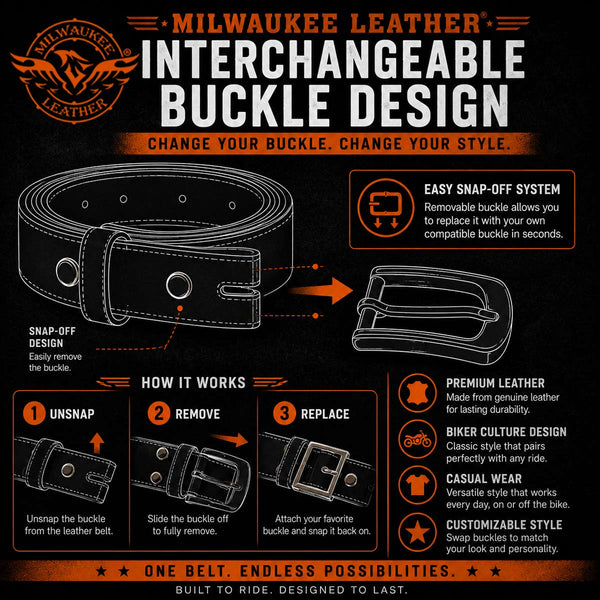 Milwaukee Leather Men's Black Studded Whip-Stitch Genuine Leather Belt - w/ Interchangeable Buckle - MP7138