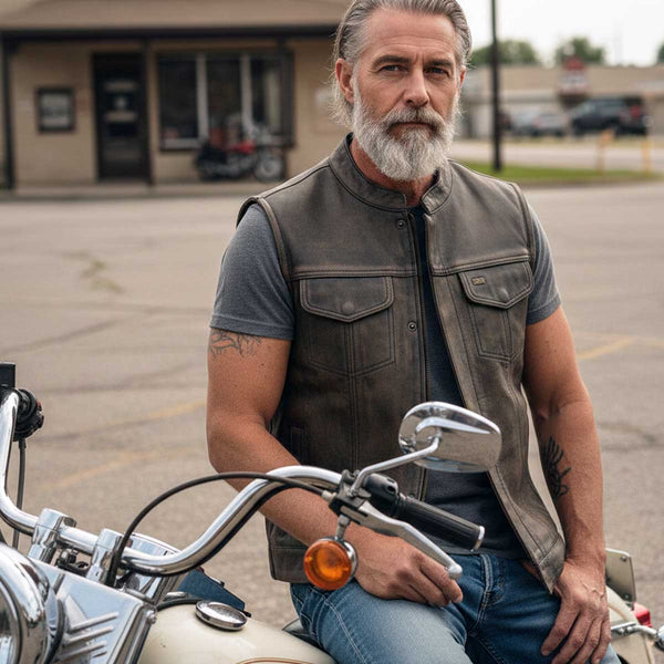 Milwaukee Leather MLM3510 Men's Black/Beige Premium Leather Club Style Vest - Dual Closure Open Neck Motorcycle Vest