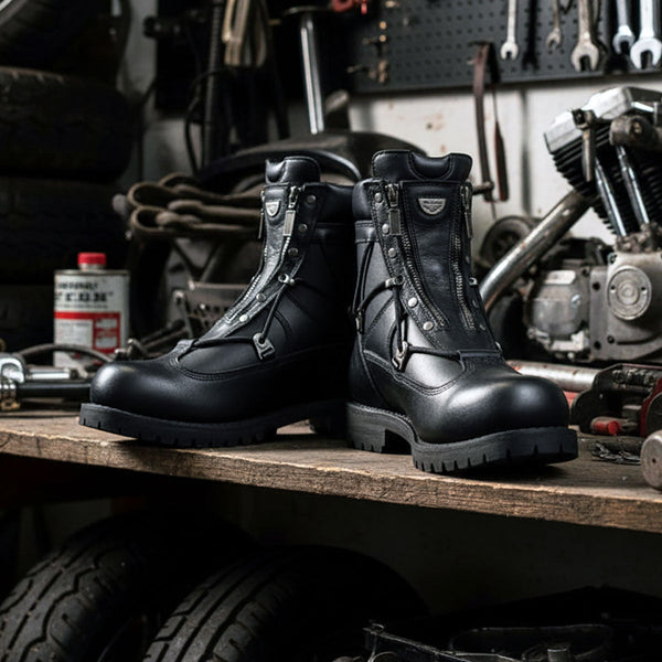 MMCC MB440 Men's Throttle Black Leather Biker Boots - Riding Footwear