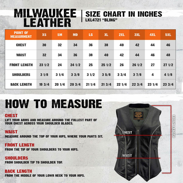 Milwaukee Leather Women's 'Bling' Black Leather V-Neck Motorcycle Rider Vest with Rhinestone Detail - LK4721
