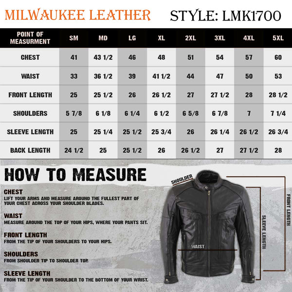 Milwaukee Leather LKM1700 Men's Premium Black Buffalo Leather Cruiser Motorcycle Jacket with CE Armor Protection