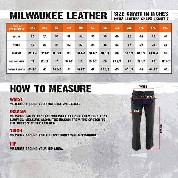 Milwaukee Leather LKM5717 Men's Flat Black Premium Leather Motorcycle Rider Biker Chaps w/ Jean Pockets