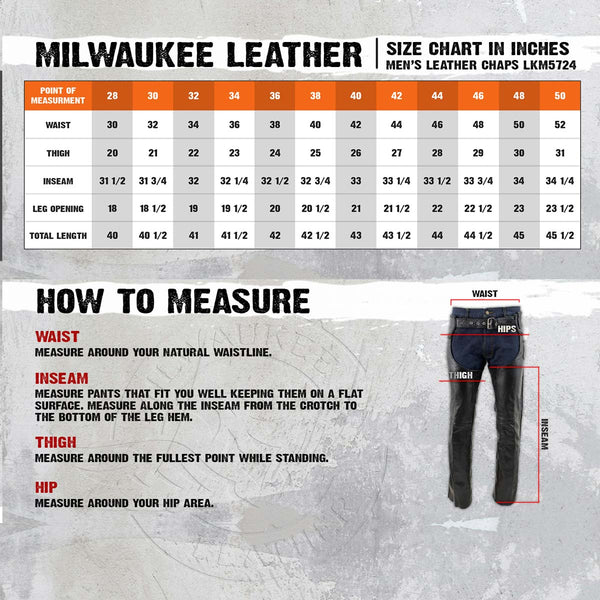 Milwaukee Leather Men's Braidline Black Buffalo Leather Motorcycle Chaps w/ Elastic Thigh Panels - LKM5724