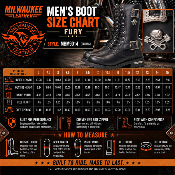 Milwaukee Leather Men's Fury Black 2.2mm Full-Grain Leather Lace-Up Boots with Side Zipper - MBM9014