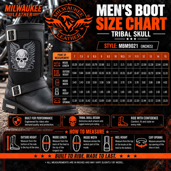 Milwaukee Leather Men's Tribal Skull Black Full-Grain Leather Motorcycle Boots - MBM9021