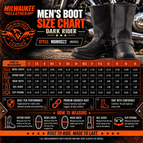 Milwaukee Leather Men's Dark Rider Black 2.2mm Harness Motorcycle Boots, MBM9022