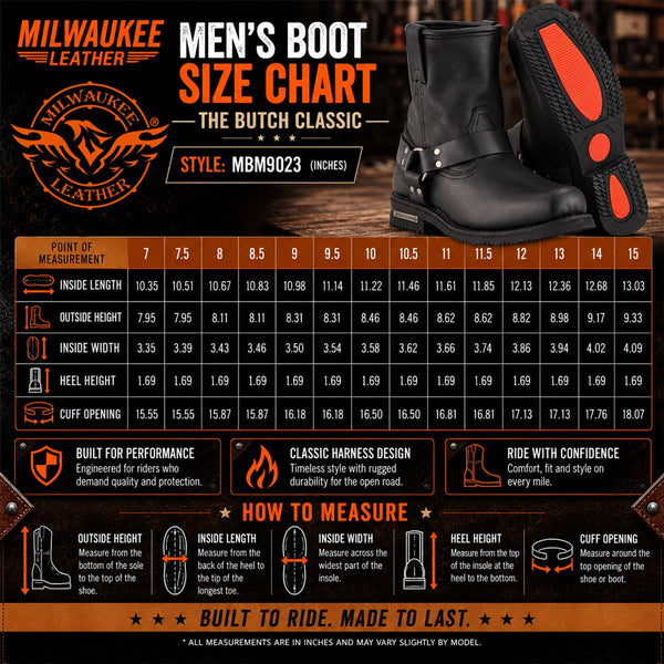 Milwaukee Leather Men's Butch Classic Black Short Harness Motorcycle Boots - MBM9023