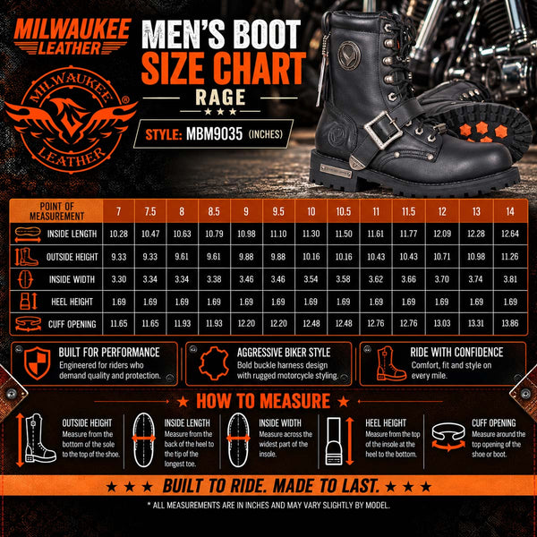 Milwaukee Leather Men's Rage Black Lace-Up Leather Motorcycle Boots, MBM9035