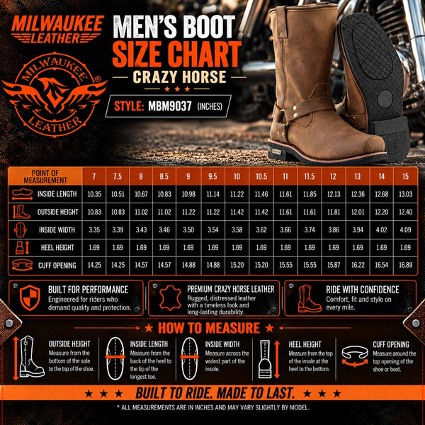 Milwaukee Leather Men's Crazy Horse Brown Harness Motorcycle Boots, MBM9037