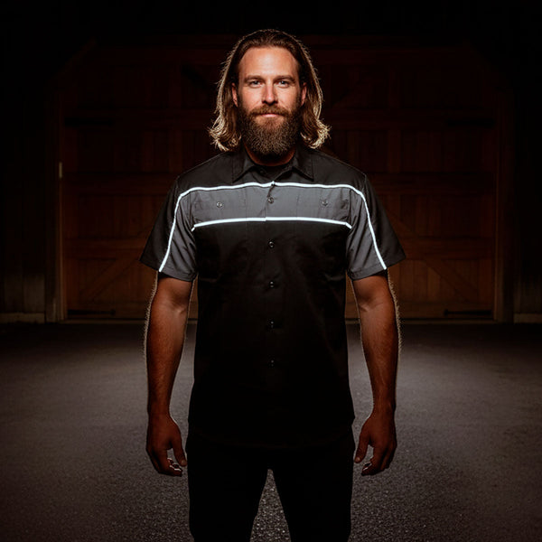Milwaukee Leather MDM11672 Men’s Grey-Black Mechanic Work Shirt w/ Reflective Strip - Heavy-Duty Button-Up