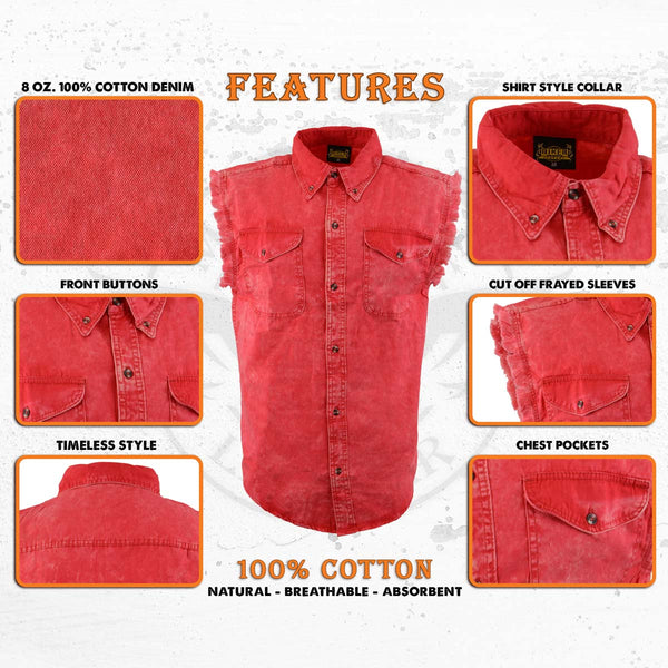 Milwaukee Leather MDM11681 Men’s Classic Red Button-Down Cut Off Frayed Sleeveless Casual Shirt