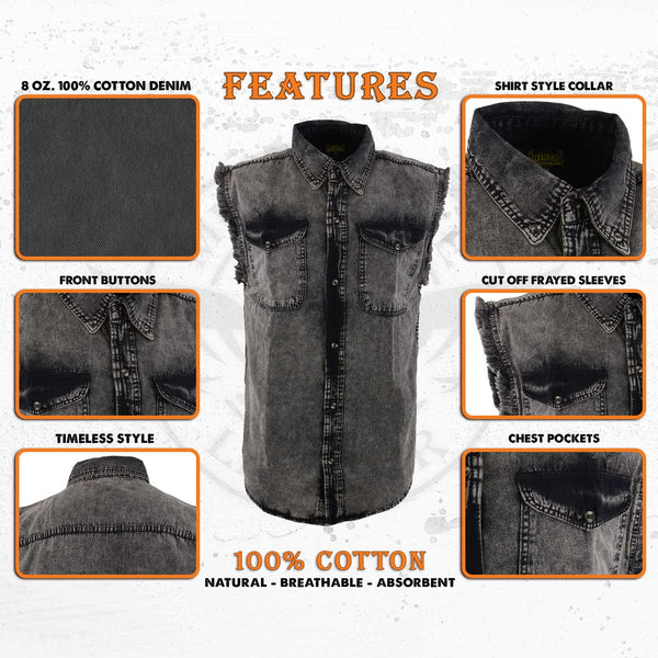 Milwaukee Leather MDM11683 Men’s Classic Beige/Black Button-Down Cut Off Frayed Sleeveless Casual Shirt