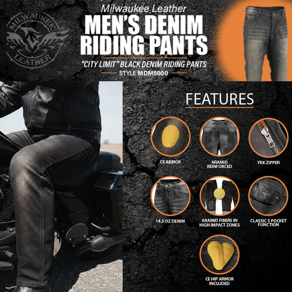 Milwaukee Leather MDM5002 Men's Metro Blue CE Armored Motorcycle Riding Denim Jeans Reinforced w/ Aramid Fibers