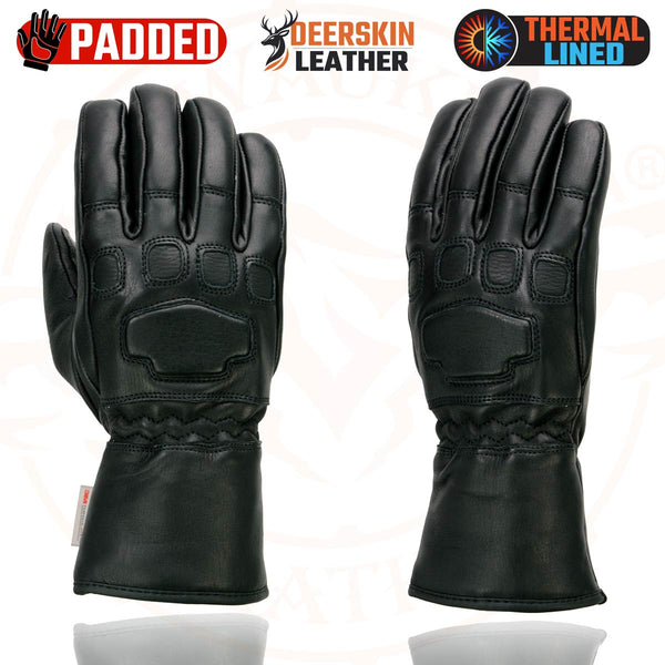 Milwaukee Leather MG7534 Men's Black Deerskin Gauntlet Motorcycle Gloves w/ Wrist Strap & Cinch Closure