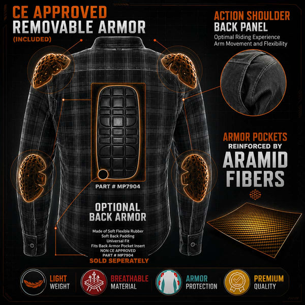 Milwaukee Leather MPM1631 Men's Plaid Flannel Biker Shirt with CE Approved Armor - Reinforced w/ Aramid Fiber