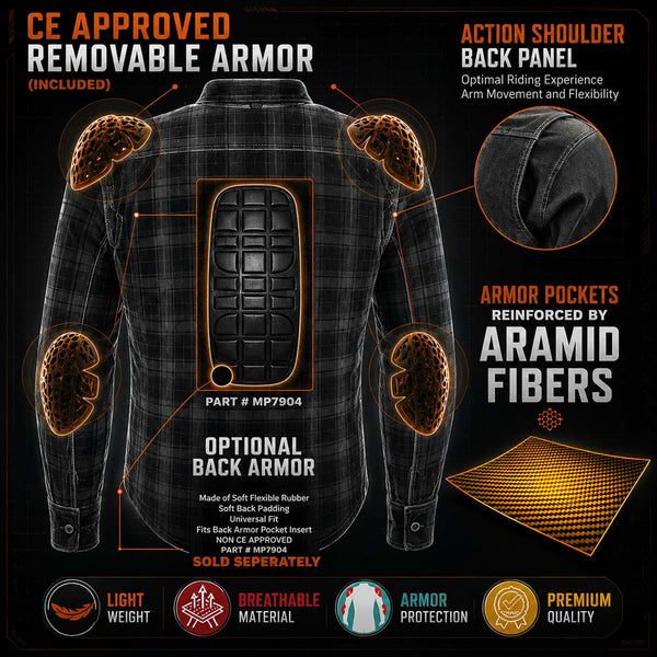 Milwaukee Leather MPM1645 Men's 'Asphalt Shield - Hoya' Plaid Flannel Biker Shirt w/ CE Armor - Reinforced w/ Aramid Fibers