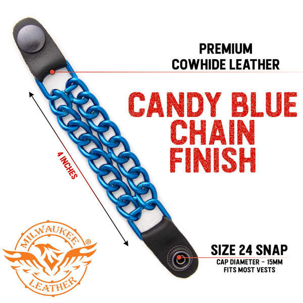 Milwaukee Leather MLA1097 Candy Blue 4 Inch Single Vest Extender - Double Chrome Chains w/ Genuine Leather