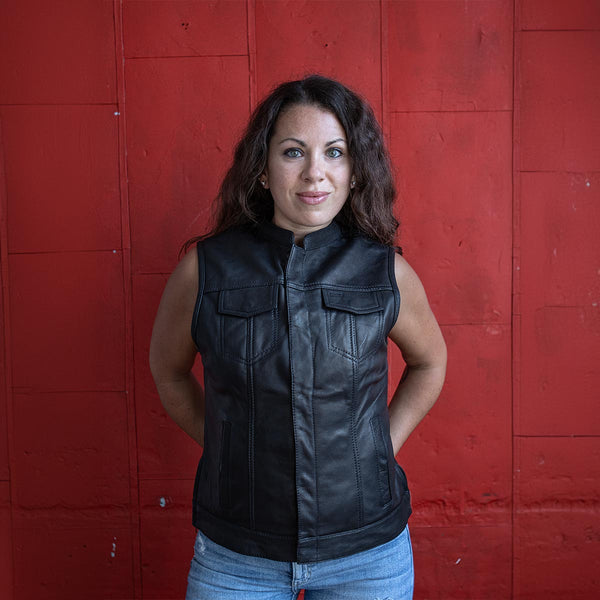 Milwaukee Leather MLL4512 Women’s Lashes Black Leather Club Style Motorcycle Rider Vest w/ Concealed Closure