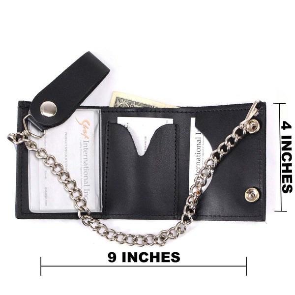 Milwaukee Leather MLW7831 Men's 4" Classic Black Plain Genuine Leather Tri-Fold Biker Wallet w/ Anti-Theft Stainless Steel Chain