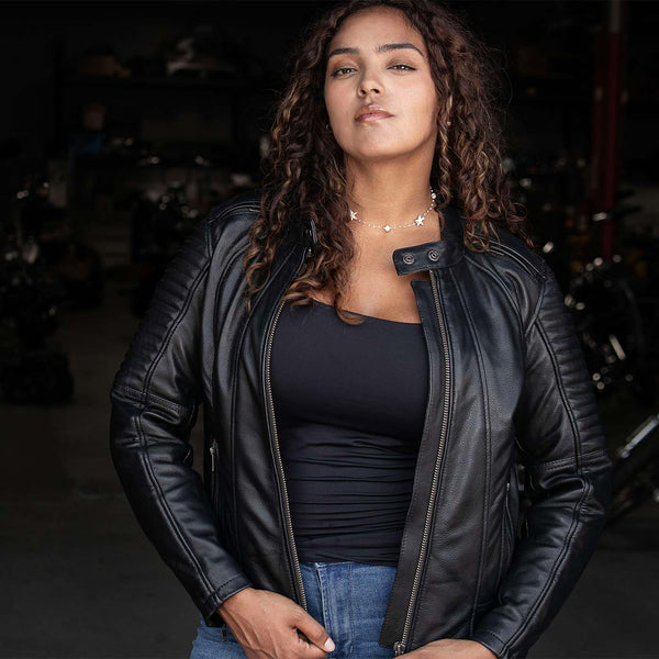 Milwaukee Motorcycle Clothing Co. Women's Foxy Scooter Style Black Premium Leather Jacket w/ Mandarin Collar MMC20000