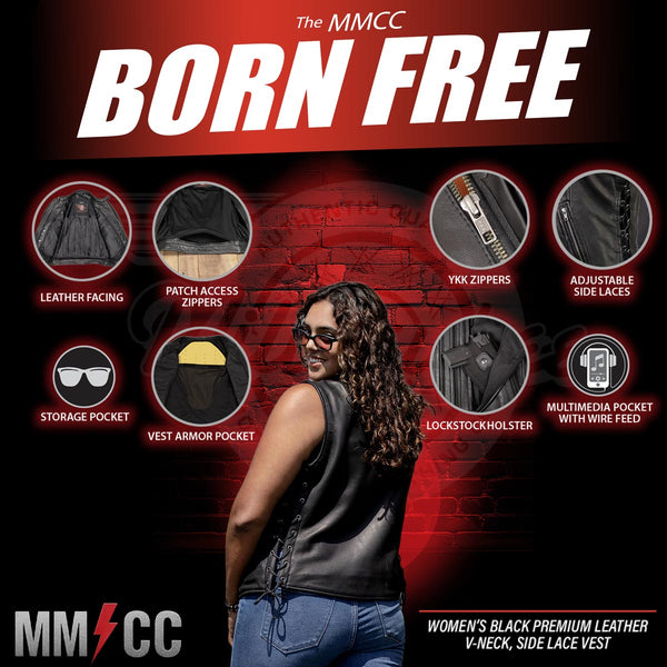 Milwaukee Motorcycle Clothing Co. Women's Born-Free Tall Sizes Black Leather Vest w/ V-Neck, Side Lace, Snap MMC40002