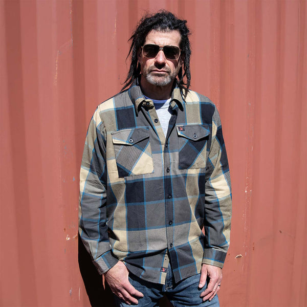 Milwaukee Leather MNG11639 Men's Flannel Plaid Beige with Black and Blue Long Sleeve Cotton Button Down Shirt