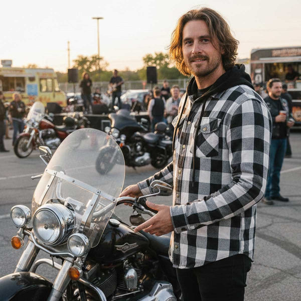 Milwaukee Leather Men’s Othello Black & White Plaid Hooded Riding Shirt w/ CE Armor & Aramid Fiber Panels - MPM1629