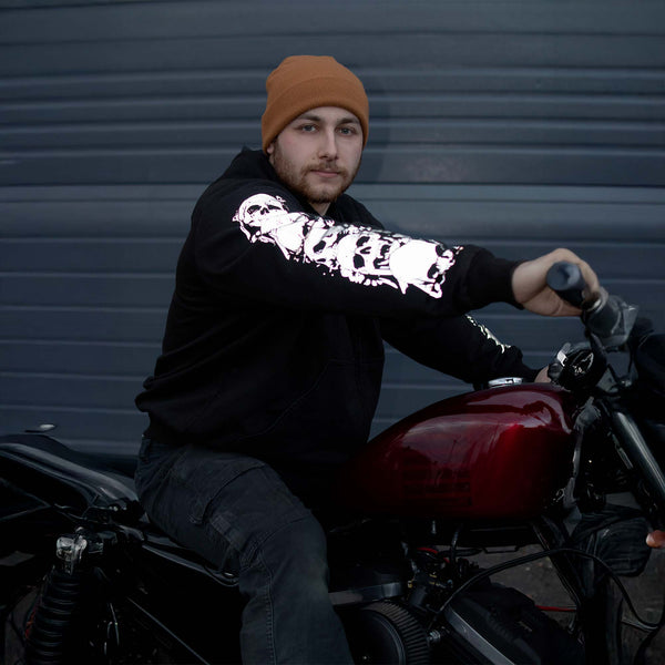 MMCC Men’s Bare Bones Riding Hoodie – Premium Cotton, Reflective Skull Sleeve, Full Zip - MPM1680
