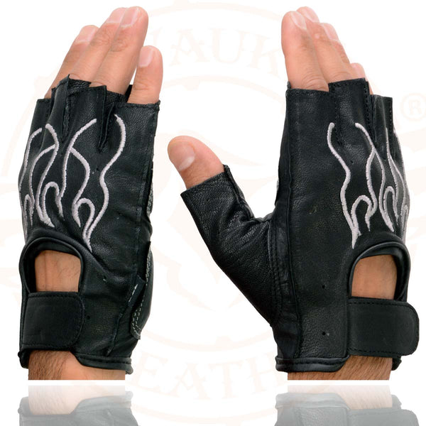 Milwaukee Leather SH198 Men's Black-Grey Gel Palm Fingerless Motorcycle Gloves with Grey Flame Embroidery