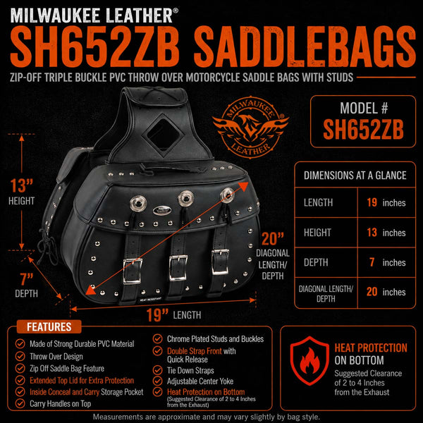 Milwaukee Leather SH652ZB Black Zip-Off Triple Buckle PVC Throw Over Motorcycle Saddlebags with Studs (18X11X7X19)