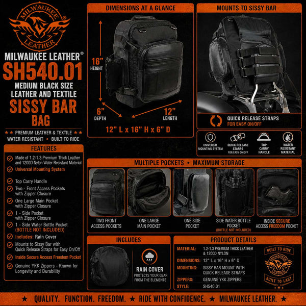 Milwaukee Leather SH54001 Medium Black Leather and Textile Motorcycle Cruiser Sissy Bar Bag Back-Pack