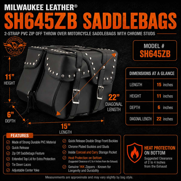 Milwaukee Leather SH645ZB Black 2-Strap PVC Zip Off Throw Over Motorcycle Saddlebags with Chrome Studs