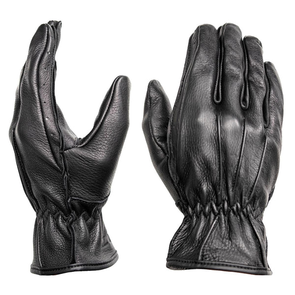 Z1R Men's Black Premium Deerskin Leather Motorcycle Riders Gloves w/ Cinch Wrist Closure