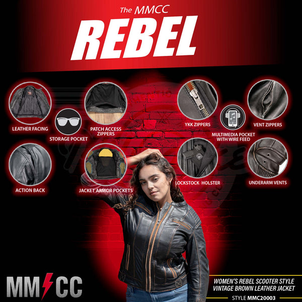Milwaukee Motorcycle Clothing Co. Women’s Rebel Scooter Style Vinage Brown Leather Jacket w/ Mandarin Collar MMC20003