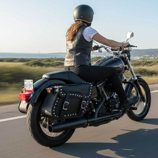 Milwaukee Leather SH66401ZB Black Large 'Studded and Braided' Zip-Off PVC Throw Over Motorcycle Saddlebags