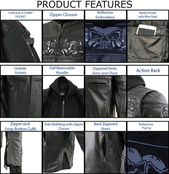 Milwaukee Leather Men's Futile CE Armored Leather Motorcycle Jacket w/ Hoodie Liner, Reflective Skull - LKM17016