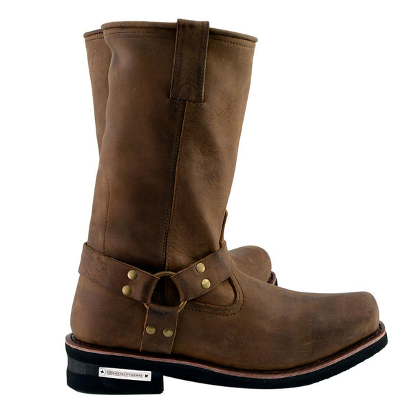 Milwaukee Leather Men's Crazy Horse Brown Harness Motorcycle Boots, MBM9037
