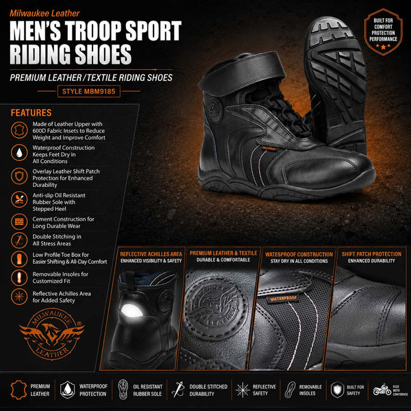 Milwaukee Leather Men's Troop Sport Black Waterproof Leather Motorcycle Racer Style Boots - MBM9185