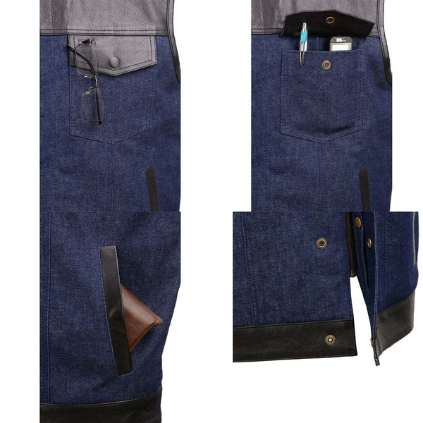 Milwaukee Leather MDM3004 Men's Brute Dual Closure Blue Denim and Black Leather Club Style Vest