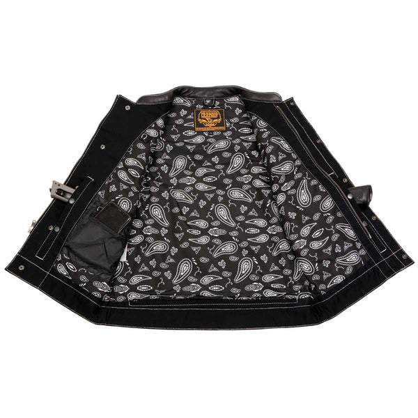 Milwaukee Leather MDM3035 Men’s Wrecker Club Vest – Black Denim & Leather, Diamond Quilt, White Stitch