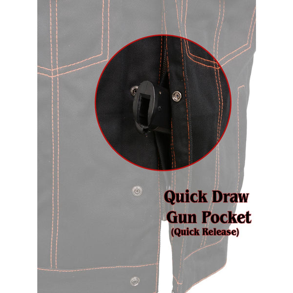 Milwaukee Leather MDM3037 Men’s Wrecker Club Vest – Black Denim & Leather, Diamond Quilt, Orange Stitch