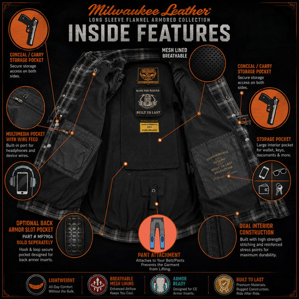 Milwaukee Leather MPM1636 Men’s Armored Riding Flannel – Full Aramid Fiber Lined, CE Shoulder/Elbow Armor