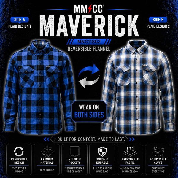 MMCC Men's 'Maverick' Reversible Flannel Shirt - 100% Cotton Snap Front Plaid w/ Chest and Hand Pockets - MNG11802