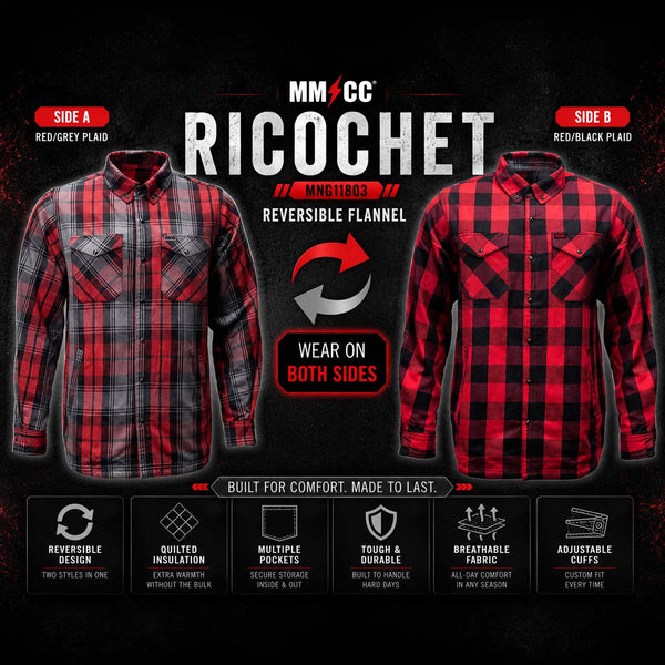 MMCC Men's 'Ricochet' Reversible Flannel Shirt - 100% Cotton Snap Front Plaid w/ Chest and Hand Pockets - MNG11803